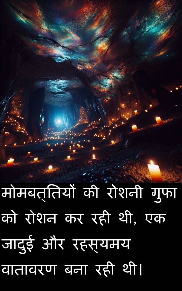 रोशन: मोमबत्तियों की रोशनी गुफा को रोशन कर रही थी, एक जादुई और रहस्यमय वातावरण बना रही थी।
