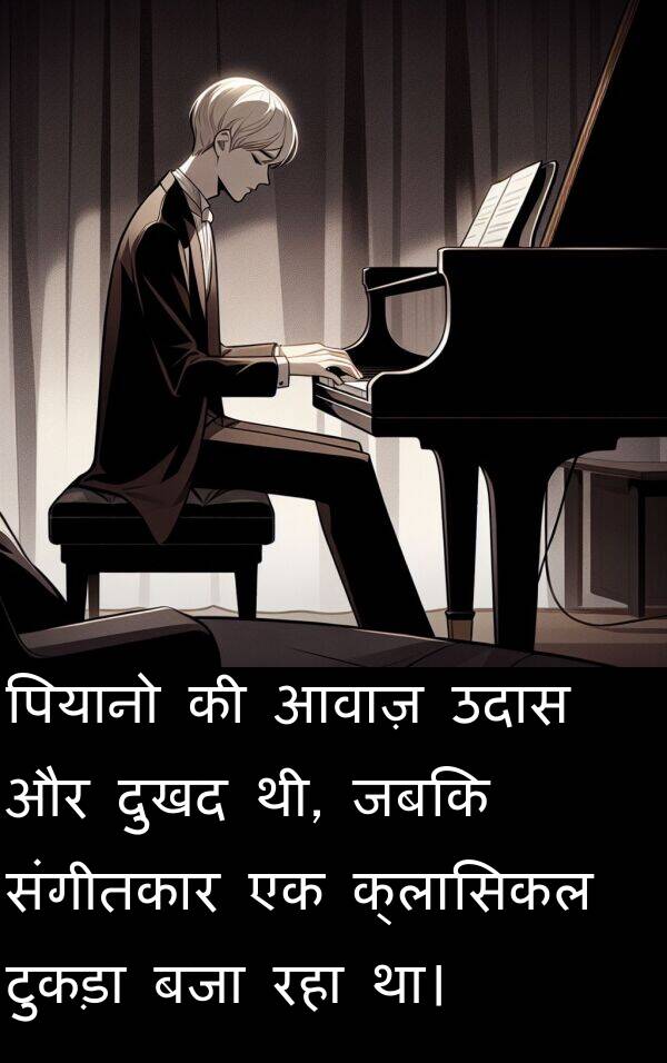 आवाज़: पियानो की आवाज़ उदास और दुखद थी, जबकि संगीतकार एक क्लासिकल टुकड़ा बजा रहा था।