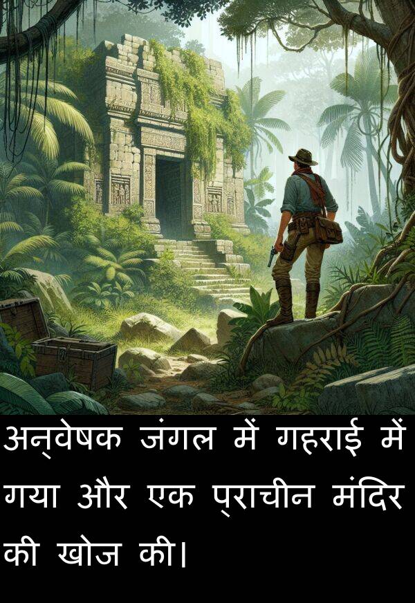 खोज: अन्वेषक जंगल में गहराई में गया और एक प्राचीन मंदिर की खोज की।