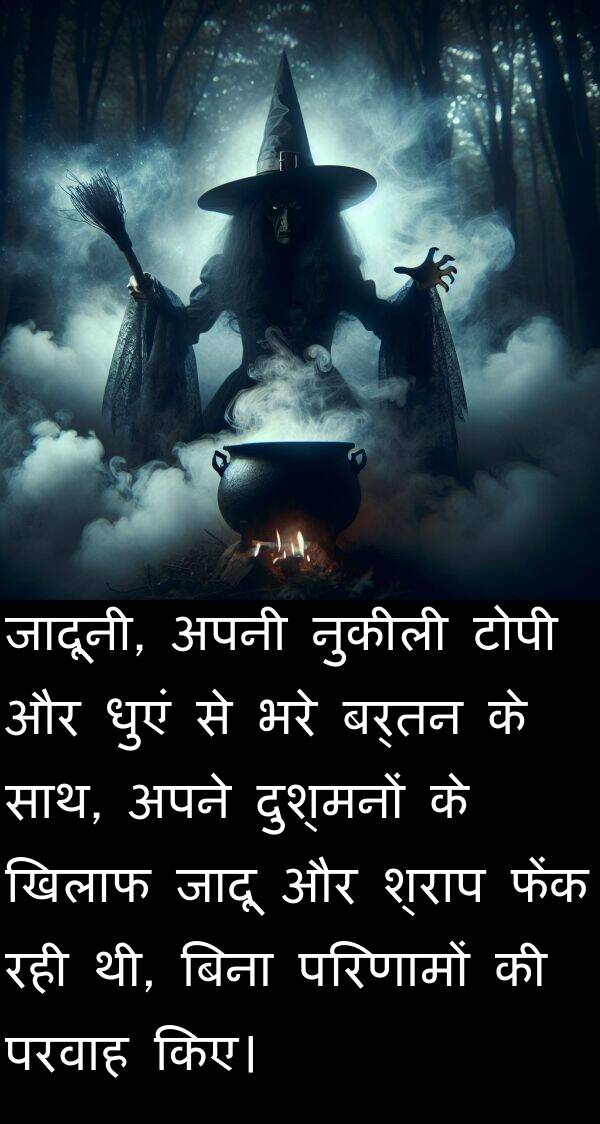 परिणामों: जादूनी, अपनी नुकीली टोपी और धुएं से भरे बर्तन के साथ, अपने दुश्मनों के खिलाफ जादू और श्राप फेंक रही थी, बिना परिणामों की परवाह किए।