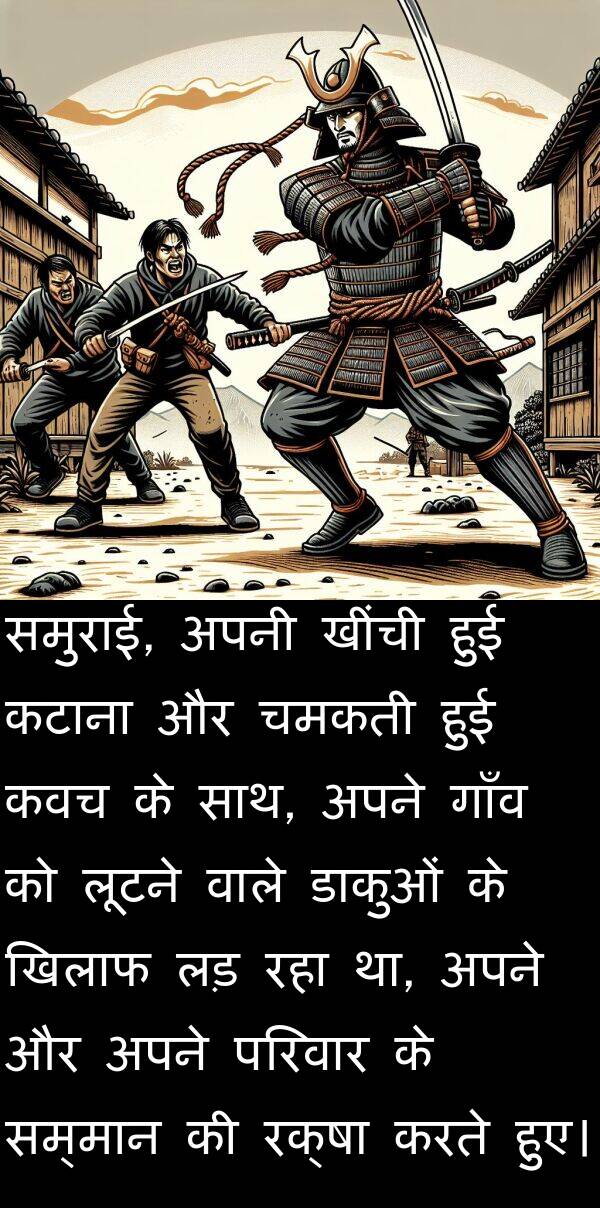 लूटने: समुराई, अपनी खींची हुई कटाना और चमकती हुई कवच के साथ, अपने गाँव को लूटने वाले डाकुओं के खिलाफ लड़ रहा था, अपने और अपने परिवार के सम्मान की रक्षा करते हुए।