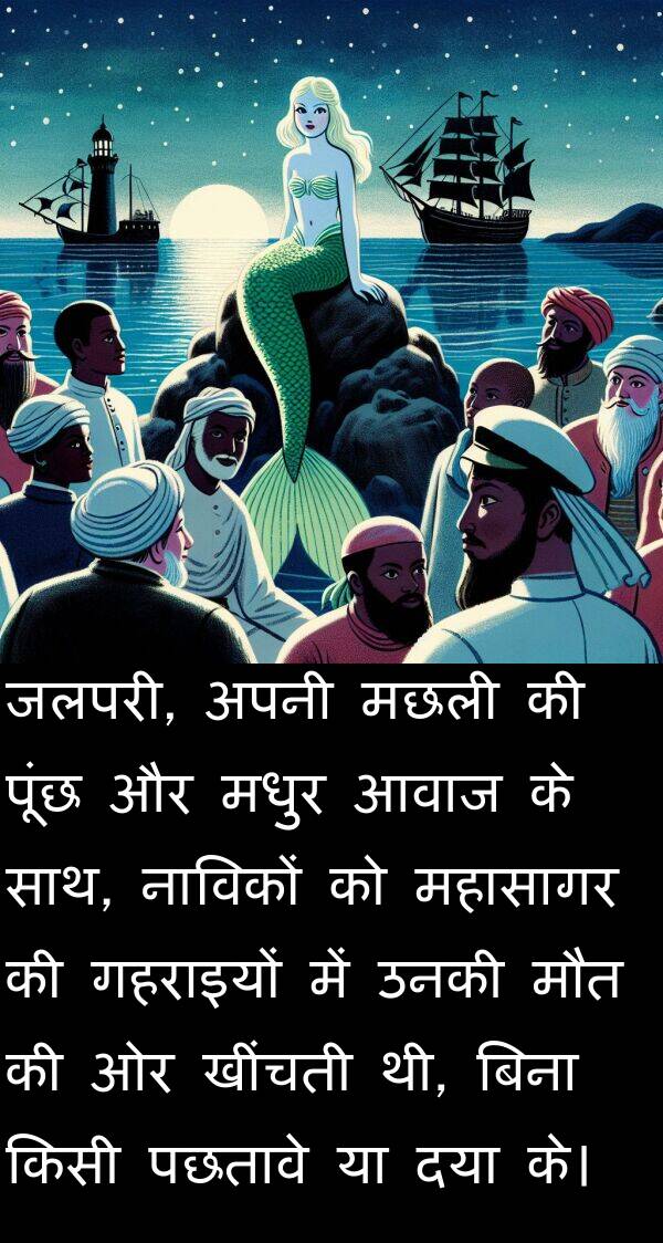 आवाज: जलपरी, अपनी मछली की पूंछ और मधुर आवाज के साथ, नाविकों को महासागर की गहराइयों में उनकी मौत की ओर खींचती थी, बिना किसी पछतावे या दया के।