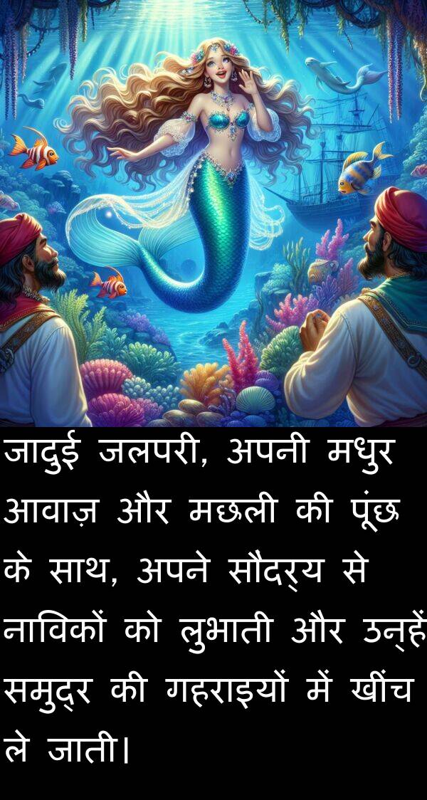 लुभाती: जादुई जलपरी, अपनी मधुर आवाज़ और मछली की पूंछ के साथ, अपने सौंदर्य से नाविकों को लुभाती और उन्हें समुद्र की गहराइयों में खींच ले जाती।