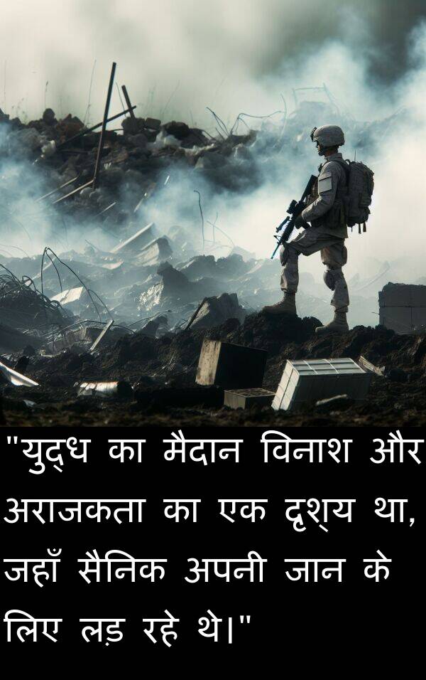 लड़: "युद्ध का मैदान विनाश और अराजकता का एक दृश्य था, जहाँ सैनिक अपनी जान के लिए लड़ रहे थे।"