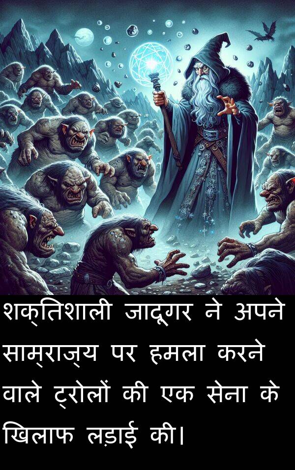 लड़ाई: शक्तिशाली जादूगर ने अपने साम्राज्य पर हमला करने वाले ट्रोलों की एक सेना के खिलाफ लड़ाई की।