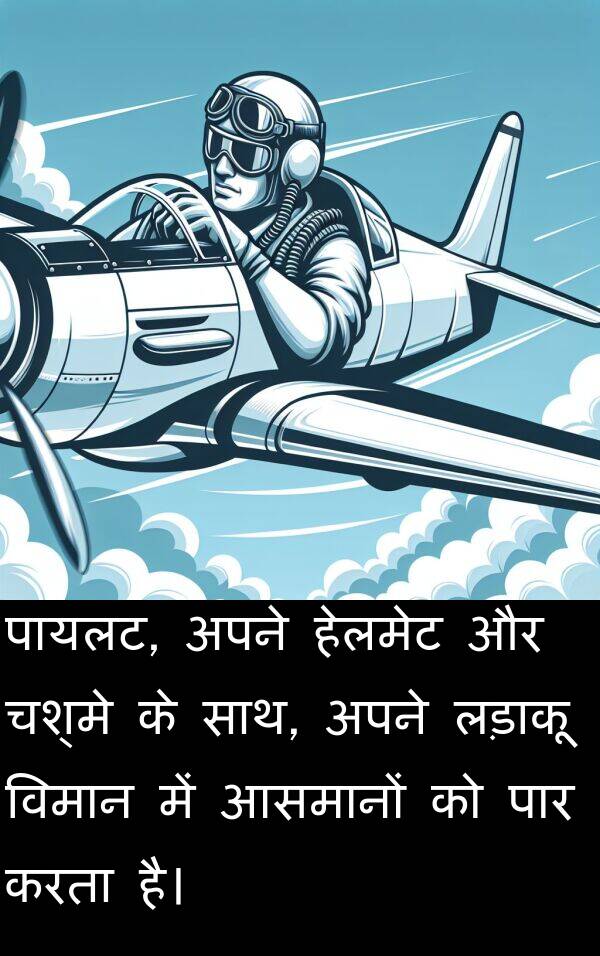 लड़ाकू: पायलट, अपने हेलमेट और चश्मे के साथ, अपने लड़ाकू विमान में आसमानों को पार करता है।