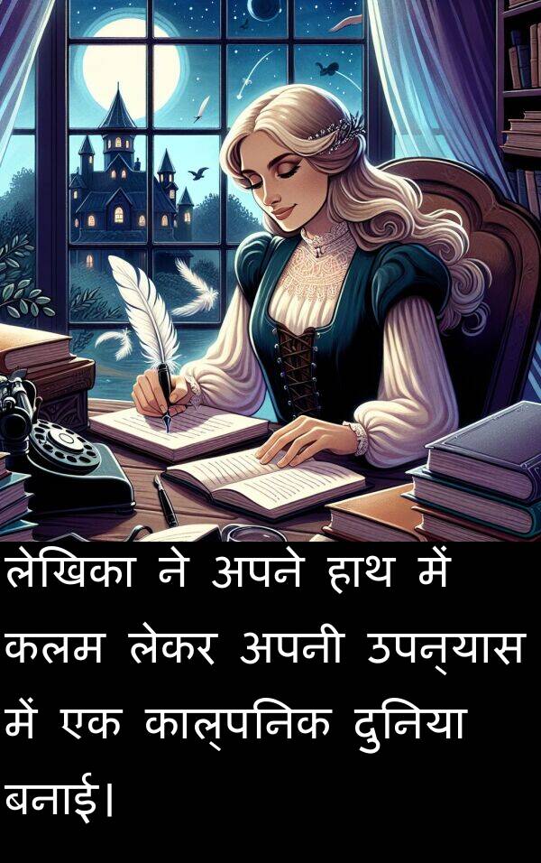 लेखिका: लेखिका ने अपने हाथ में कलम लेकर अपनी उपन्यास में एक काल्पनिक दुनिया बनाई।