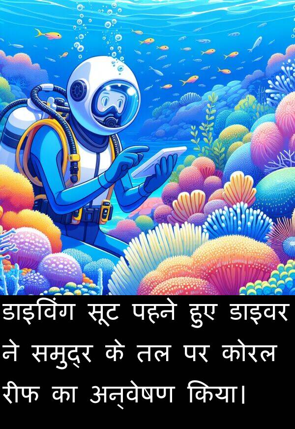 पहने: डाइविंग सूट पहने हुए डाइवर ने समुद्र के तल पर कोरल रीफ का अन्वेषण किया।