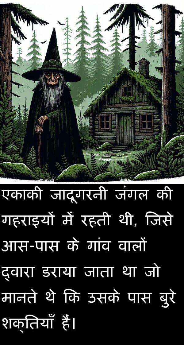 वालों: एकाकी जादूगरनी जंगल की गहराइयों में रहती थी, जिसे आस-पास के गांव वालों द्वारा डराया जाता था जो मानते थे कि उसके पास बुरे शक्तियाँ हैं।