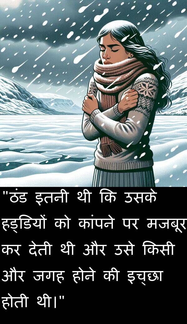 हड्डियों: "ठंड इतनी थी कि उसके हड्डियों को कांपने पर मजबूर कर देती थी और उसे किसी और जगह होने की इच्छा होती थी।"
