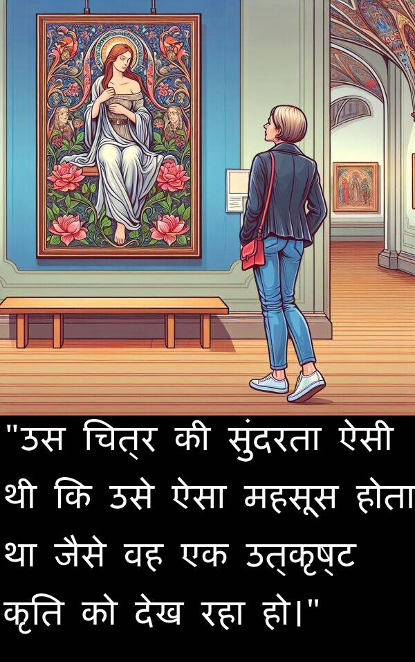 उत्कृष्ट: "उस चित्र की सुंदरता ऐसी थी कि उसे ऐसा महसूस होता था जैसे वह एक उत्कृष्ट कृति को देख रहा हो।"