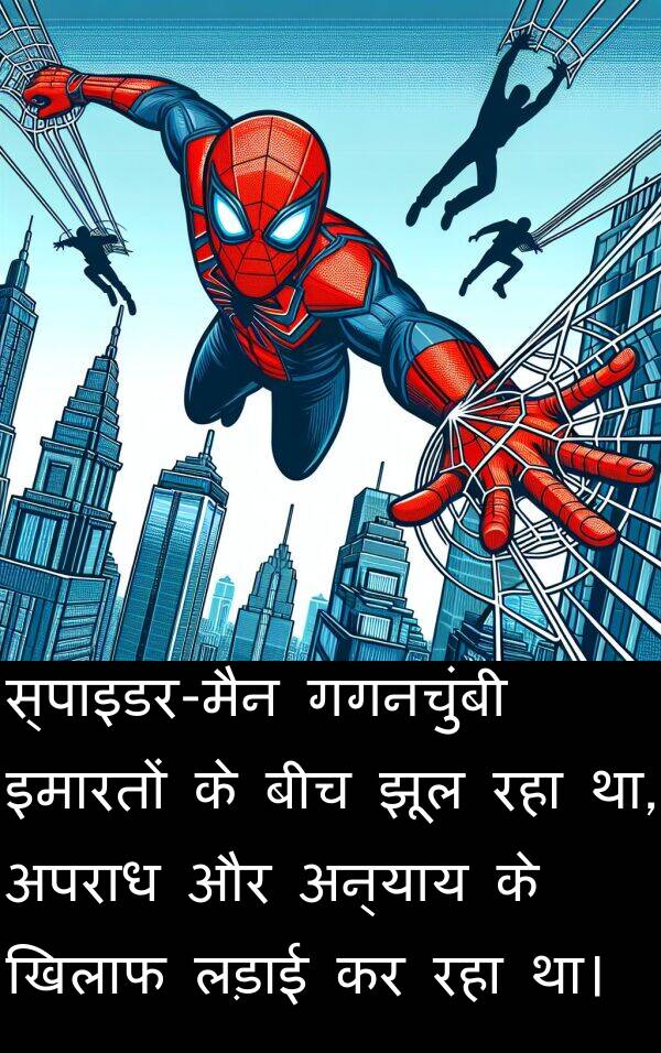 लड़ाई: स्पाइडर-मैन गगनचुंबी इमारतों के बीच झूल रहा था, अपराध और अन्याय के खिलाफ लड़ाई कर रहा था।