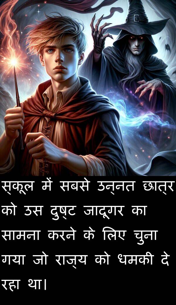 उन्नत: स्कूल में सबसे उन्नत छात्र को उस दुष्ट जादूगर का सामना करने के लिए चुना गया जो राज्य को धमकी दे रहा था।