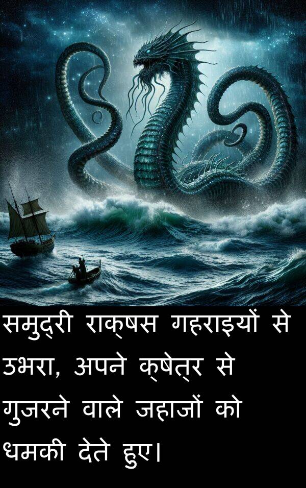 धमकी: समुद्री राक्षस गहराइयों से उभरा, अपने क्षेत्र से गुजरने वाले जहाजों को धमकी देते हुए।