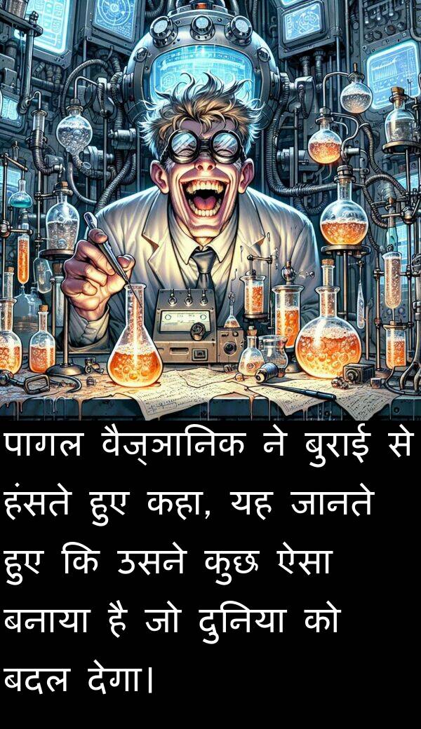 पागल: पागल वैज्ञानिक ने बुराई से हंसते हुए कहा, यह जानते हुए कि उसने कुछ ऐसा बनाया है जो दुनिया को बदल देगा।