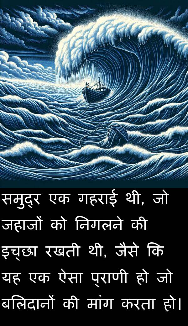 हो।: समुद्र एक गहराई थी, जो जहाजों को निगलने की इच्छा रखती थी, जैसे कि यह एक ऐसा प्राणी हो जो बलिदानों की मांग करता हो।
