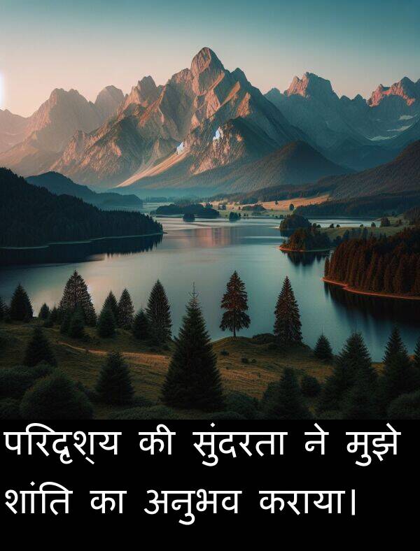 परिदृश्य: परिदृश्य की सुंदरता ने मुझे शांति का अनुभव कराया।