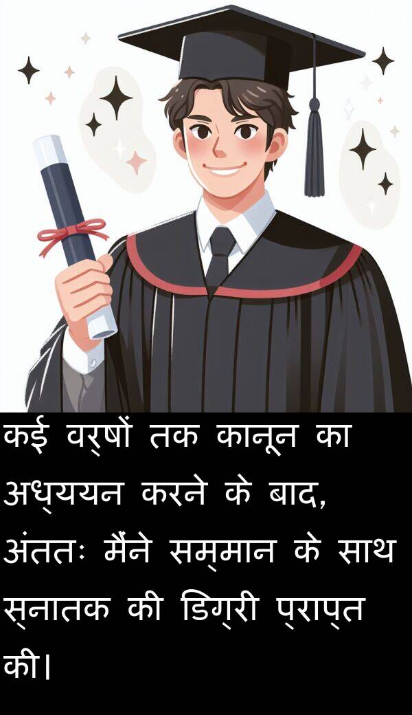 अंततः: कई वर्षों तक कानून का अध्ययन करने के बाद, अंततः मैंने सम्मान के साथ स्नातक की डिग्री प्राप्त की।