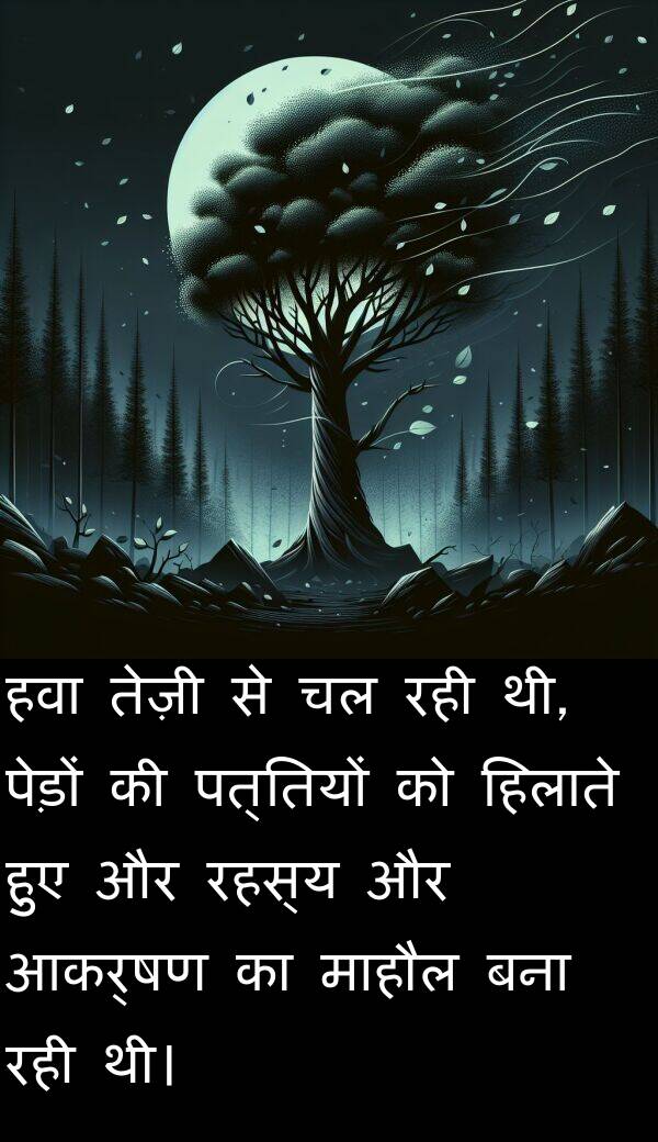 पत्तियों: हवा तेज़ी से चल रही थी, पेड़ों की पत्तियों को हिलाते हुए और रहस्य और आकर्षण का माहौल बना रही थी।