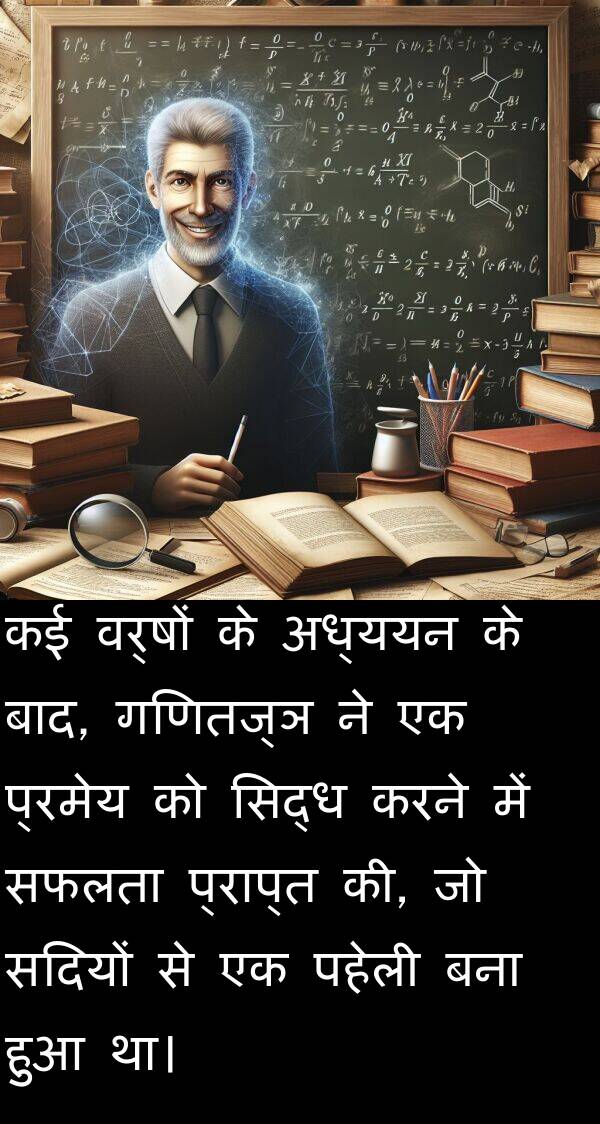 पहेली: कई वर्षों के अध्ययन के बाद, गणितज्ञ ने एक प्रमेय को सिद्ध करने में सफलता प्राप्त की, जो सदियों से एक पहेली बना हुआ था।