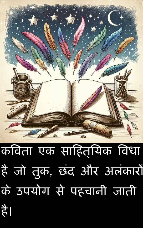 पहचानी: कविता एक साहित्यिक विधा है जो तुक, छंद और अलंकारों के उपयोग से पहचानी जाती है।