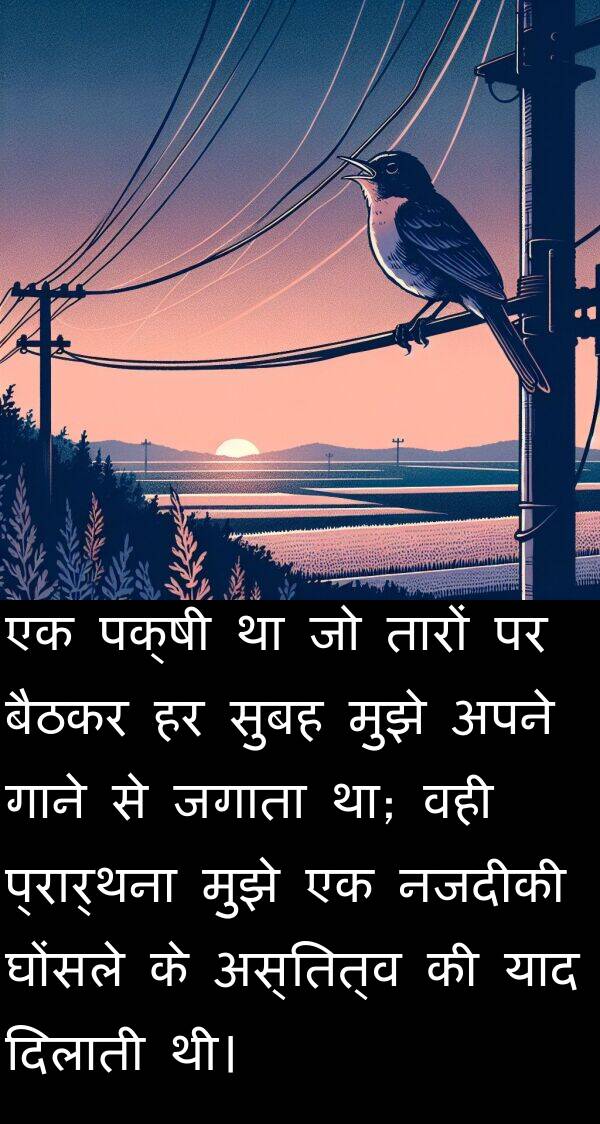 घोंसले: एक पक्षी था जो तारों पर बैठकर हर सुबह मुझे अपने गाने से जगाता था; वही प्रार्थना मुझे एक नजदीकी घोंसले के अस्तित्व की याद दिलाती थी।