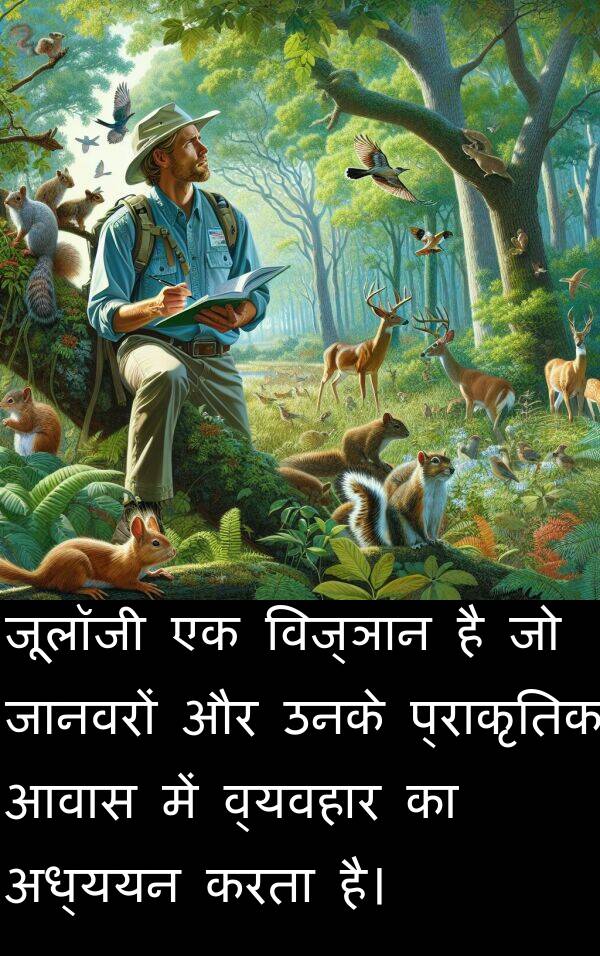 आवास: जूलॉजी एक विज्ञान है जो जानवरों और उनके प्राकृतिक आवास में व्यवहार का अध्ययन करता है।