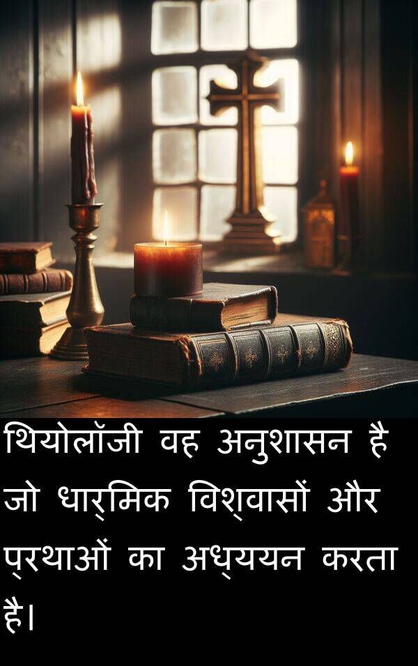 धार्मिक: थियोलॉजी वह अनुशासन है जो धार्मिक विश्वासों और प्रथाओं का अध्ययन करता है।