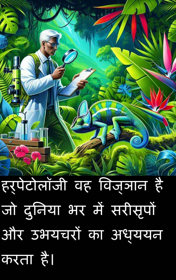 सरीसृपों: हर्पेटोलॉजी वह विज्ञान है जो दुनिया भर में सरीसृपों और उभयचरों का अध्ययन करता है।