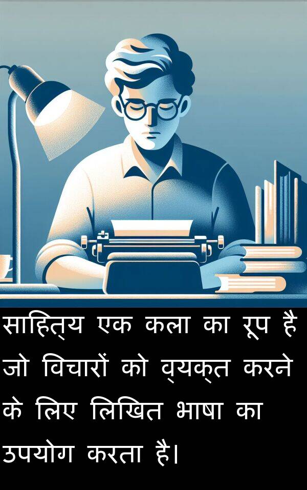 लिखित: साहित्य एक कला का रूप है जो विचारों को व्यक्त करने के लिए लिखित भाषा का उपयोग करता है।