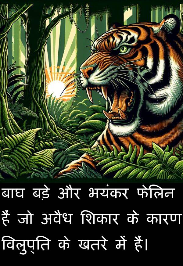 खतरे: बाघ बड़े और भयंकर फेलिन हैं जो अवैध शिकार के कारण विलुप्ति के खतरे में हैं।