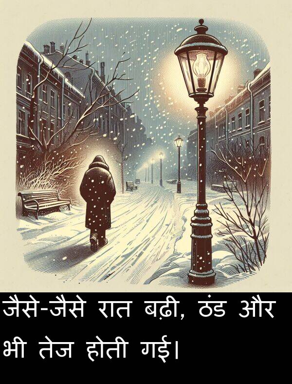 गई।: जैसे-जैसे रात बढ़ी, ठंड और भी तेज होती गई।
