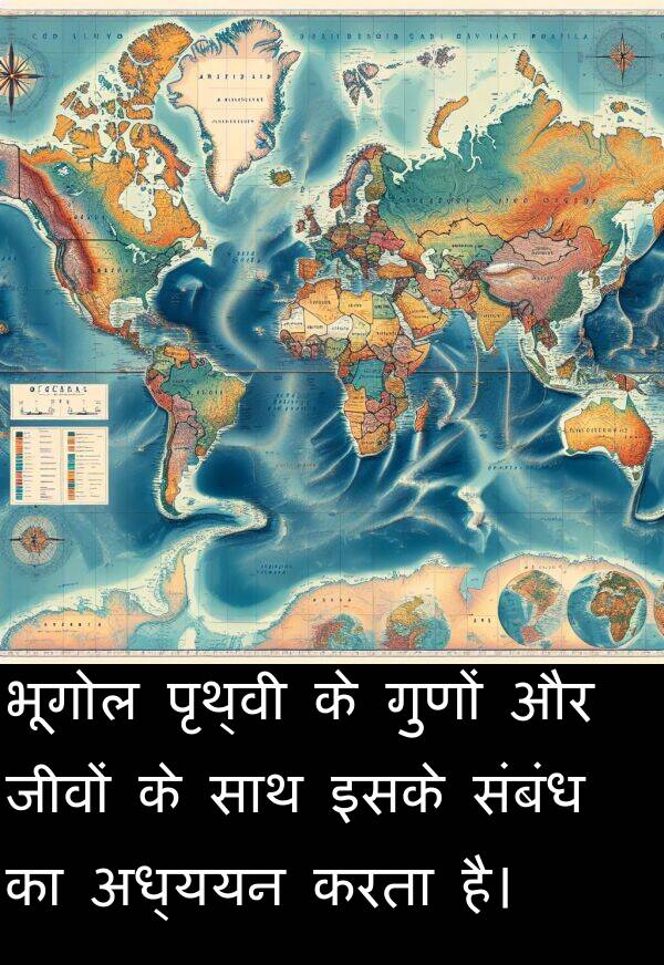 संबंध: भूगोल पृथ्वी के गुणों और जीवों के साथ इसके संबंध का अध्ययन करता है।