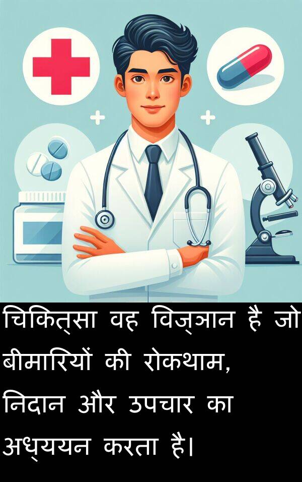 उपचार: चिकित्सा वह विज्ञान है जो बीमारियों की रोकथाम, निदान और उपचार का अध्ययन करता है।