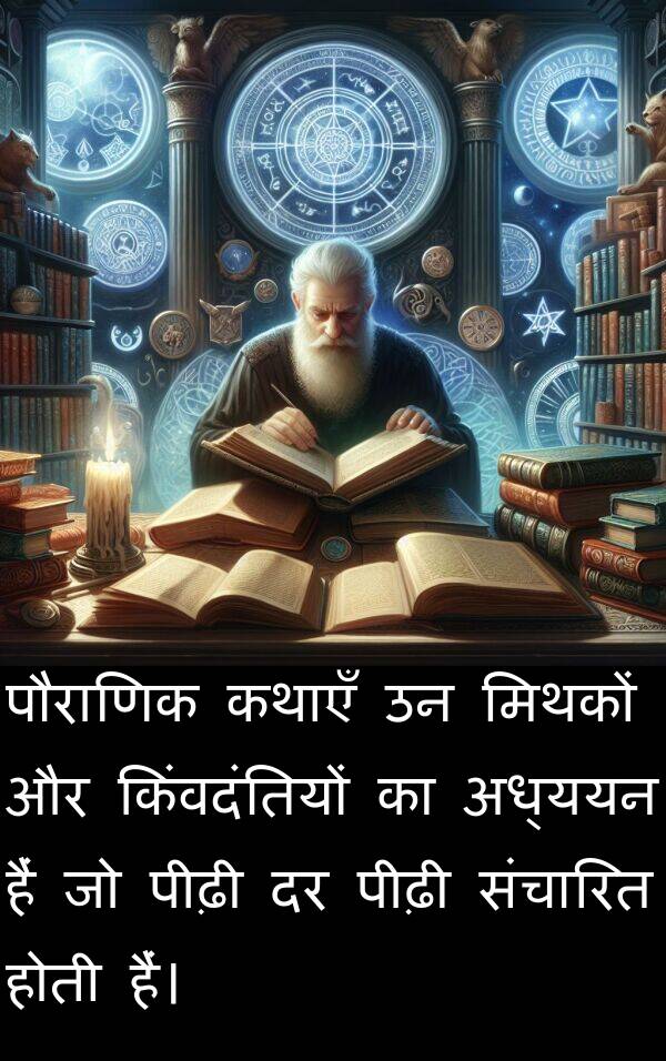 संचारित: पौराणिक कथाएँ उन मिथकों और किंवदंतियों का अध्ययन हैं जो पीढ़ी दर पीढ़ी संचारित होती हैं।