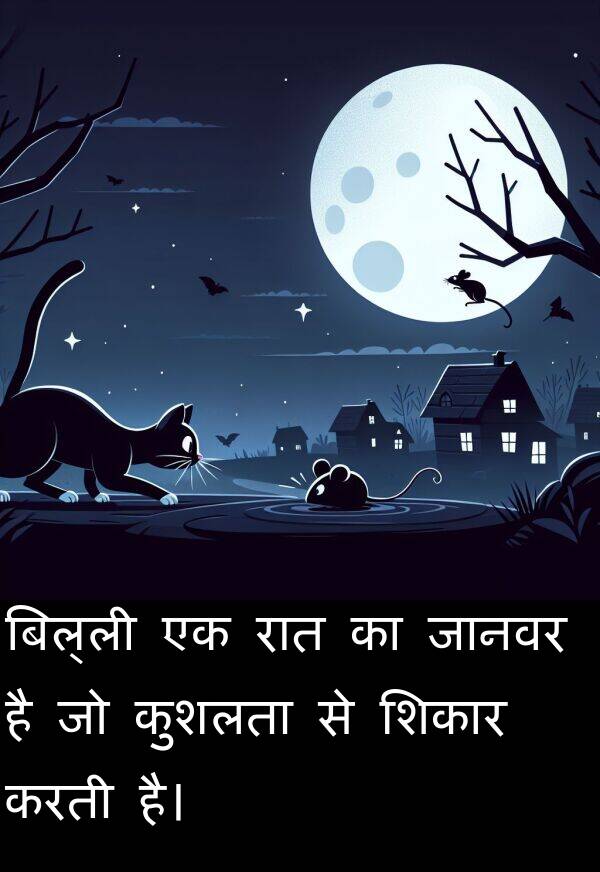 रात: बिल्ली एक रात का जानवर है जो कुशलता से शिकार करती है।