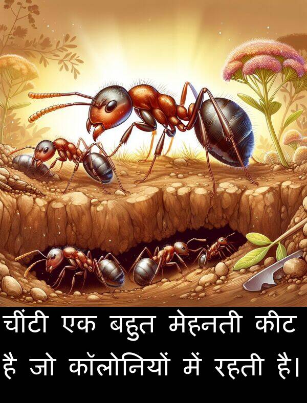 चींटी: चींटी एक बहुत मेहनती कीट है जो कॉलोनियों में रहती है।