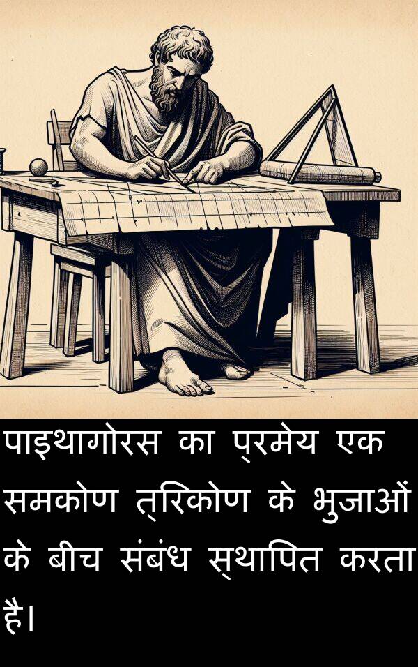 पाइथागोरस: पाइथागोरस का प्रमेय एक समकोण त्रिकोण के भुजाओं के बीच संबंध स्थापित करता है।