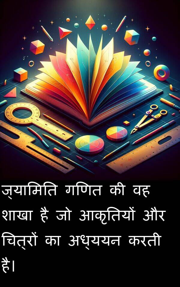 अध्ययन: ज्यामिति गणित की वह शाखा है जो आकृतियों और चित्रों का अध्ययन करती है।
