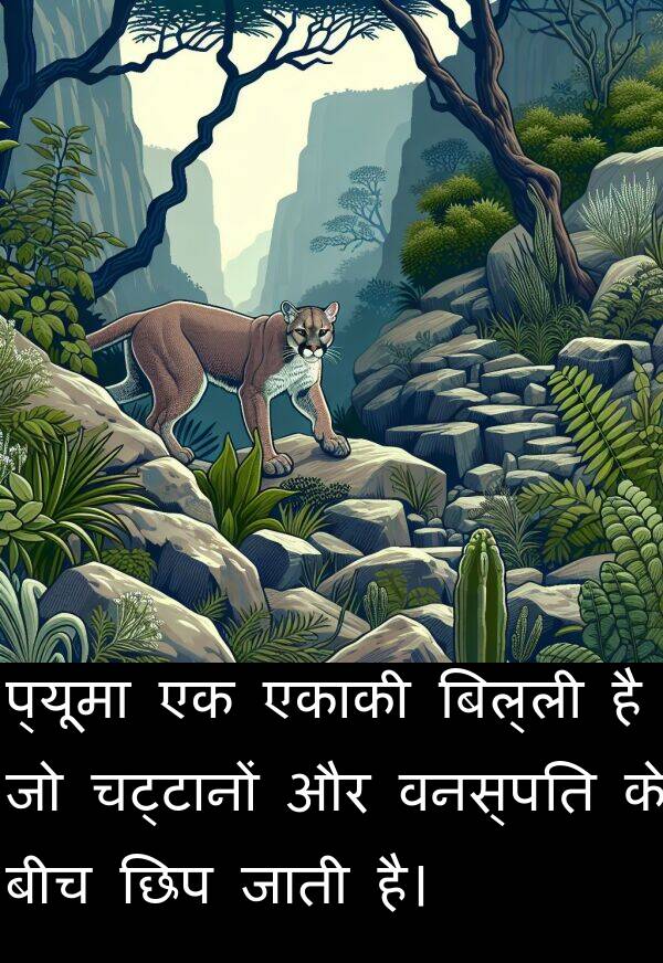 छिप: प्यूमा एक एकाकी बिल्ली है जो चट्टानों और वनस्पति के बीच छिप जाती है।