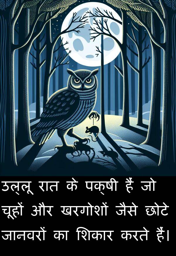 छोटे: उल्लू रात के पक्षी हैं जो चूहों और खरगोशों जैसे छोटे जानवरों का शिकार करते हैं।