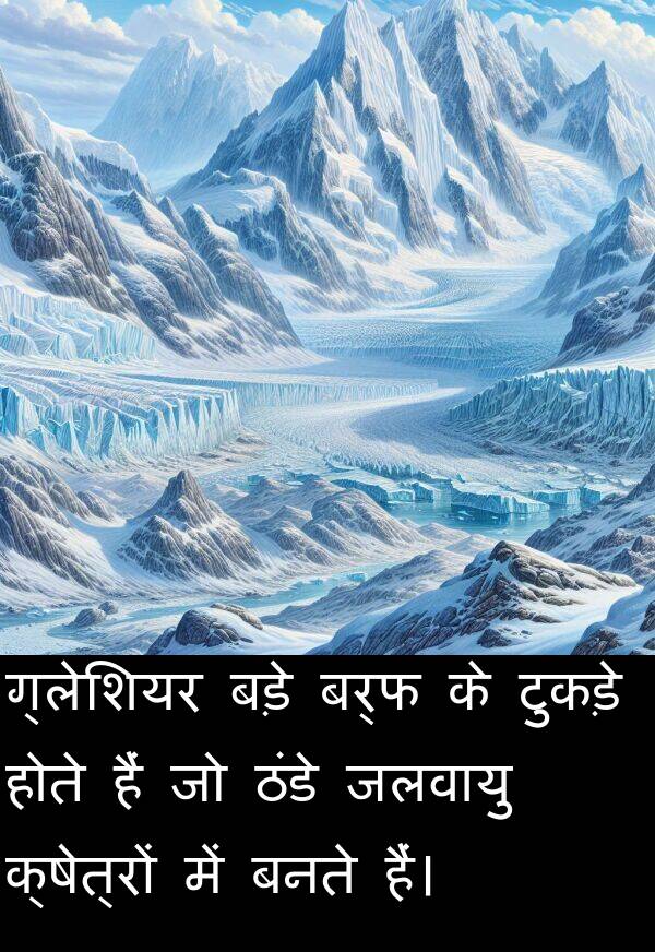 बर्फ: ग्लेशियर बड़े बर्फ के टुकड़े होते हैं जो ठंडे जलवायु क्षेत्रों में बनते हैं।