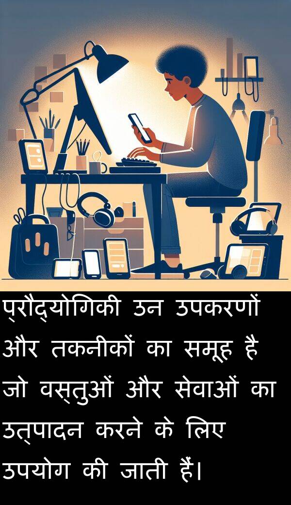 उत्पादन: प्रौद्योगिकी उन उपकरणों और तकनीकों का समूह है जो वस्तुओं और सेवाओं का उत्पादन करने के लिए उपयोग की जाती हैं।