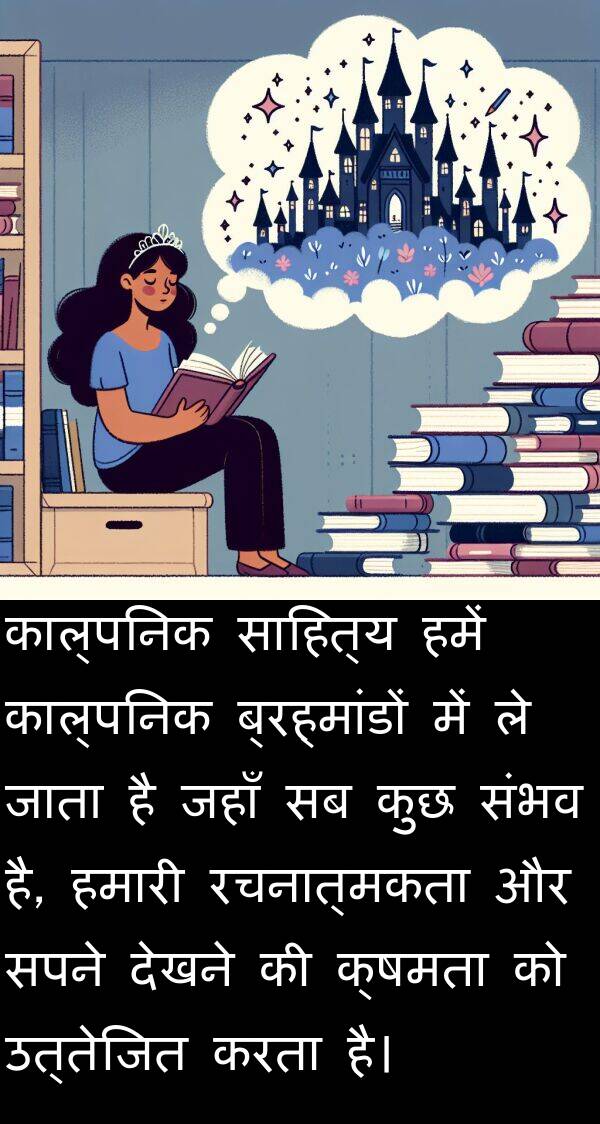 उत्तेजित: काल्पनिक साहित्य हमें काल्पनिक ब्रह्मांडों में ले जाता है जहाँ सब कुछ संभव है, हमारी रचनात्मकता और सपने देखने की क्षमता को उत्तेजित करता है।