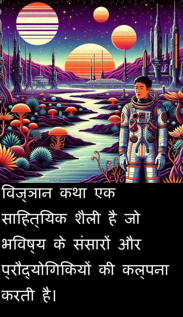 कल्पना: विज्ञान कथा एक साहित्यिक शैली है जो भविष्य के संसारों और प्रौद्योगिकियों की कल्पना करती है।