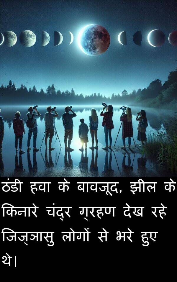 चंद्र: ठंडी हवा के बावजूद, झील के किनारे चंद्र ग्रहण देख रहे जिज्ञासु लोगों से भरे हुए थे।