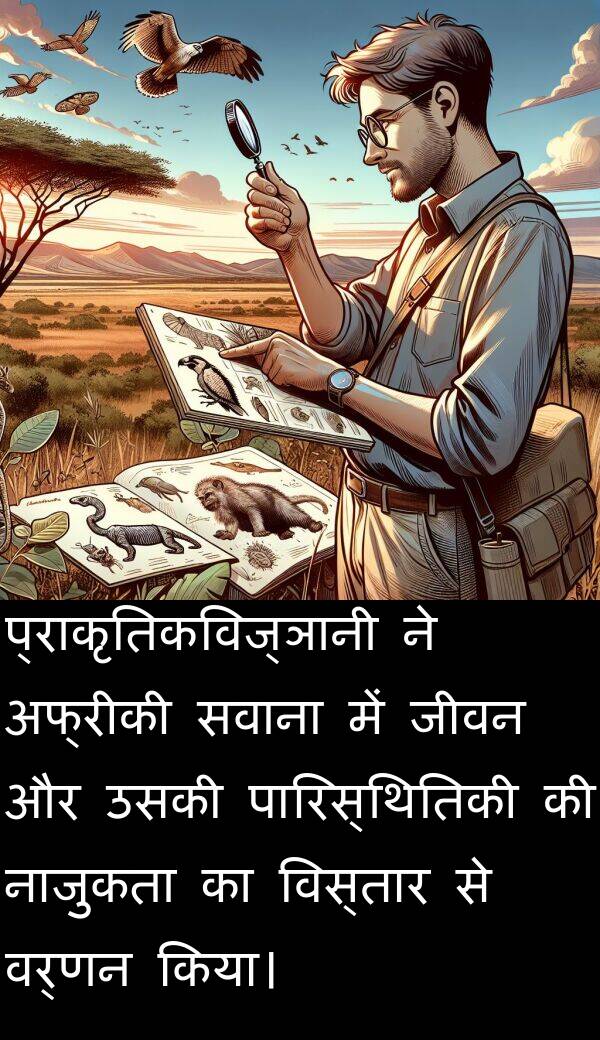 विस्तार: प्राकृतिकविज्ञानी ने अफ्रीकी सवाना में जीवन और उसकी पारिस्थितिकी की नाजुकता का विस्तार से वर्णन किया।
