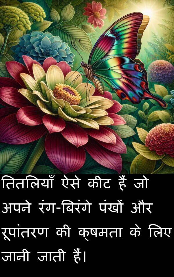 पंखों: तितलियाँ ऐसे कीट हैं जो अपने रंग-बिरंगे पंखों और रूपांतरण की क्षमता के लिए जानी जाती हैं।