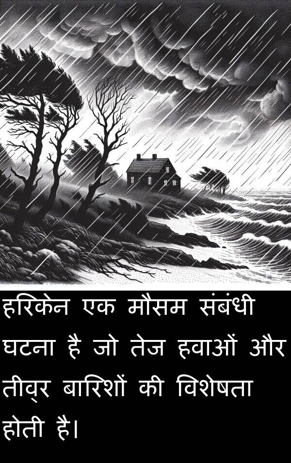 विशेषता: हरिकेन एक मौसम संबंधी घटना है जो तेज हवाओं और तीव्र बारिशों की विशेषता होती है।
