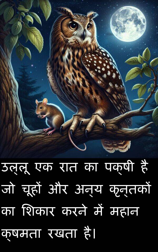उल्लू: उल्लू एक रात का पक्षी है जो चूहों और अन्य कृन्तकों का शिकार करने में महान क्षमता रखता है।